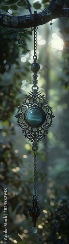 Mystical keychain, intricate designs, mysterious aura, set against a mystical forest backdrop, moonlight filtering through the trees, 3D render, silhouette lighting