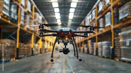 Industrial Innovation A drone delivering parts in a warehouse, illustrating the use of autonomous technology in supply chain management. Realistic Photo, photo