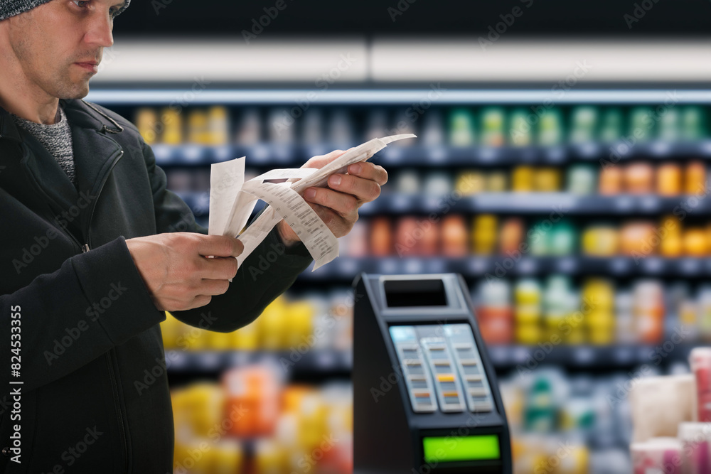 Young man looking on paper bills from self-checkout terminal at grocery ...