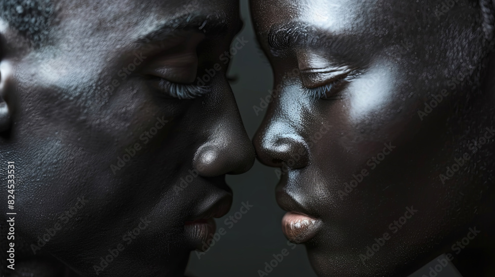 Profile portrait of a dark-skinned man and woman. African american couple in love. August 31 is International Day of People of African Descent