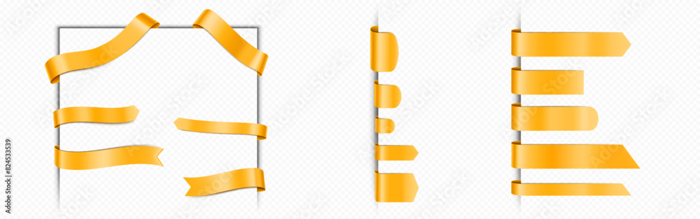 Corner and straight golden satin ribbon tag. Realistic vector 3d illustration set of gold textile label for sale promotion and info text. Discount and special offer badge on transparent background.