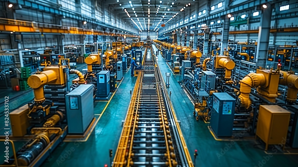 Industrial Innovation A factory floor with advanced machinery and workers, showcasing the blend of human skills and technology in industrial innovation. Realistic Photo, Industrial Innovation A factory floor with advanced machinery and workers, showcasing the blend of human skills and technology in industrial innovation. Realistic Photo,