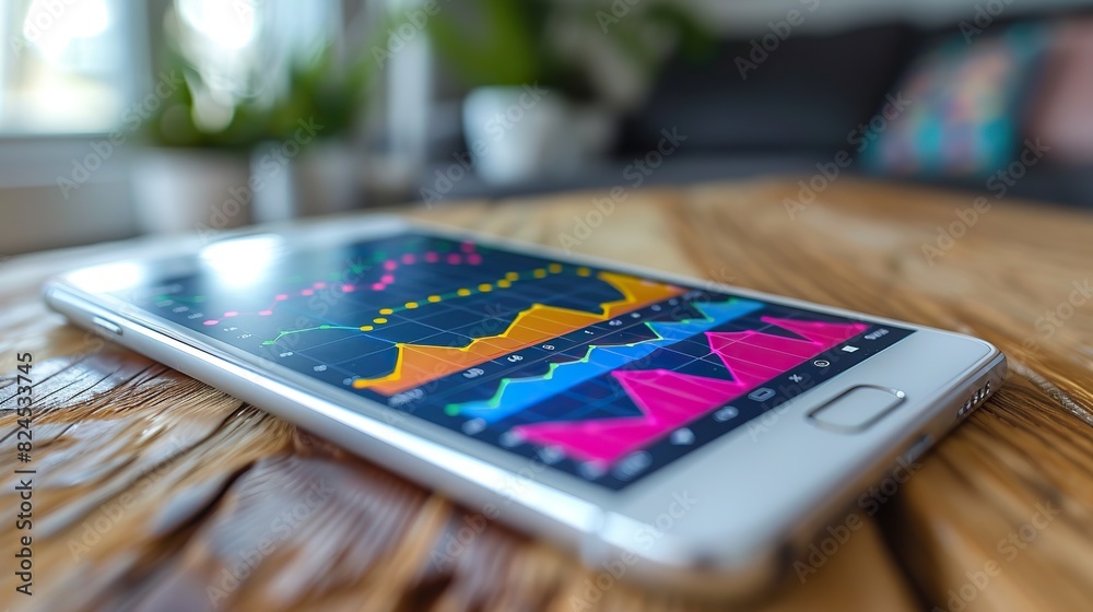 Fototapeta premium A line graph with a steep rise on a smartphone screen, indicating mobile market growth. stock image