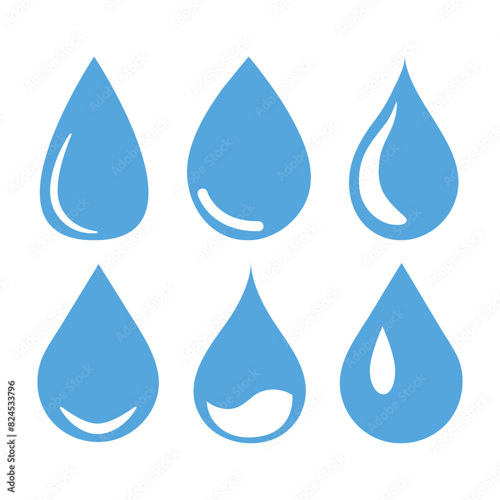 Flat icon. Blue water drop drawing or drop drop icon. A collection of six figures. Suitable for logos, badges, textile design and more... Flat icon. Blue water drop drawing or drop drop icon. A collection of six figures. Suitable for logos, badges, textile design and more...