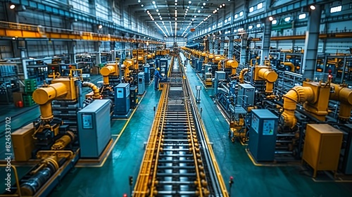 Industrial Innovation A factory floor with advanced machinery and workers, showcasing the blend of human skills and technology in industrial innovation. Realistic Photo,