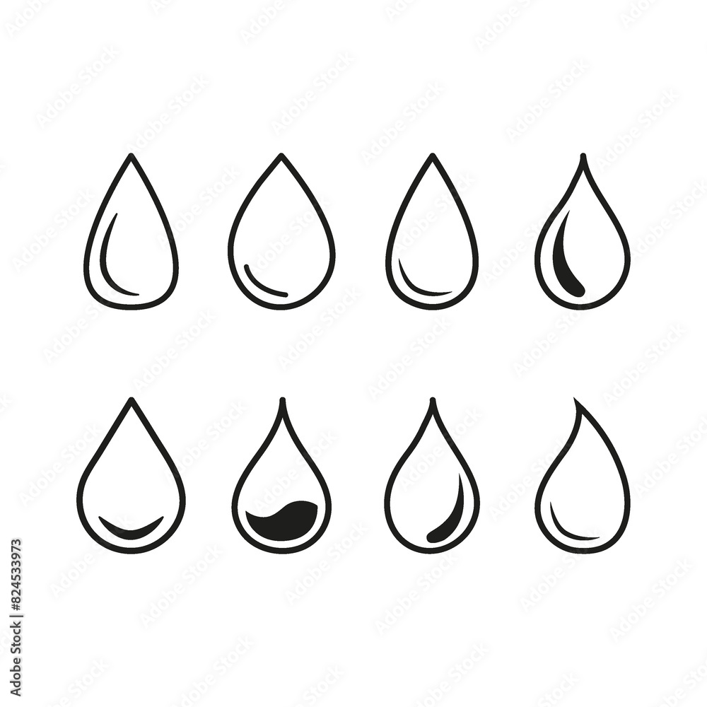 Flat illustration. Black drop of water on a white isolated background. Water drop flat icon. A collection of sixteen figures. Suitable for logos, badges, textile design and more... Flat illustration. Black drop of water on a white isolated background. Water drop flat icon. A collection of sixteen figures. Suitable for logos, badges, textile design and more...