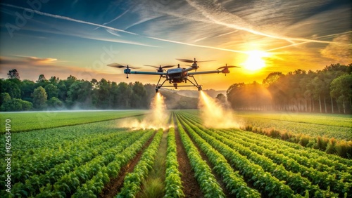 Drone sprayer flies over the agricultural field. Smart farming and precision agriculture photo