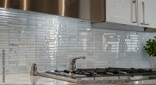 A macro shot of a modern kitchen backsplash, featuring glossy, subway tiles with a beveled edge, catching and reflecting ambient light in a sophisticated manner.

