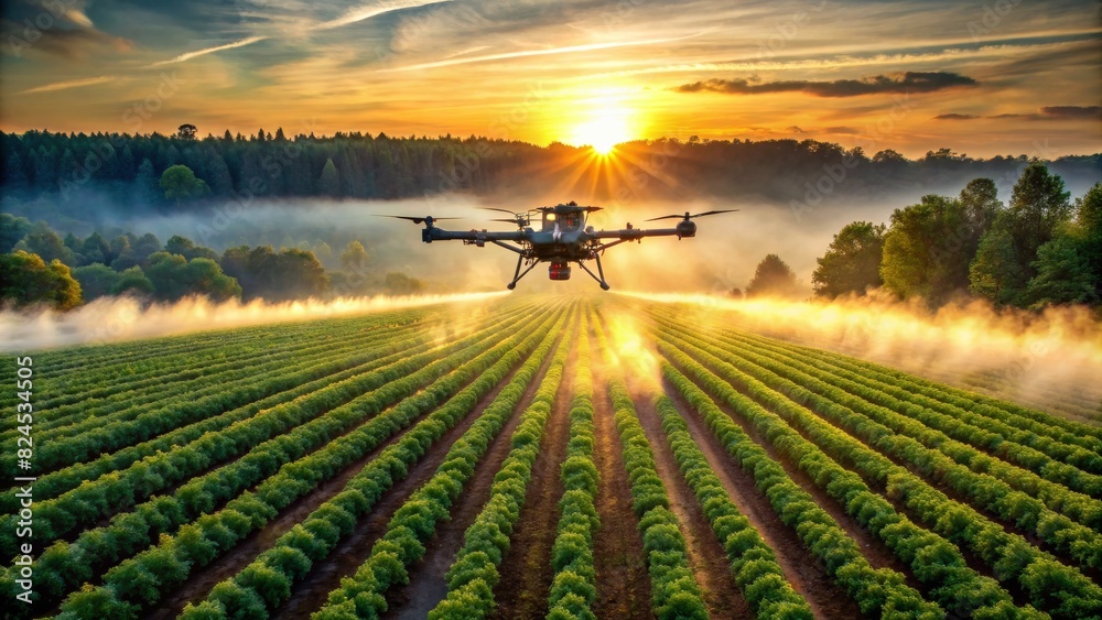 Drone sprayer flies over the agricultural field. Smart farming and precision agriculture Drone sprayer flies over the agricultural field. Smart farming and precision agriculture