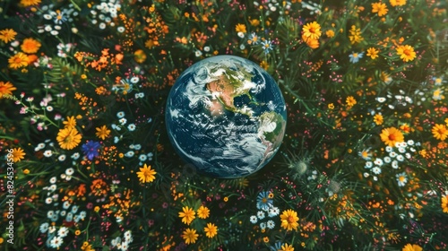 Earth protection day planet earth is colorful green in the middle of a field of flowers