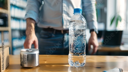 Casual Office Worker Standing by Desk with Water Bottle and Can