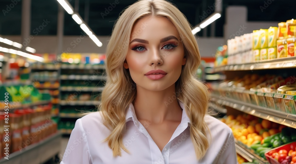 Fototapeta premium Beautiful attractive blonde woman model wearing shop worker costume in supermarket