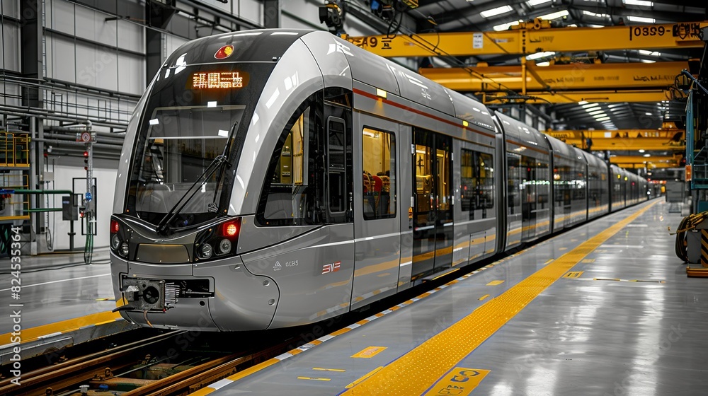 Industrial Innovation A high-speed train being manufactured, highlighting innovation in transportation technology. Realistic Photo, Industrial Innovation A high-speed train being manufactured, highlighting innovation in transportation technology. Realistic Photo,