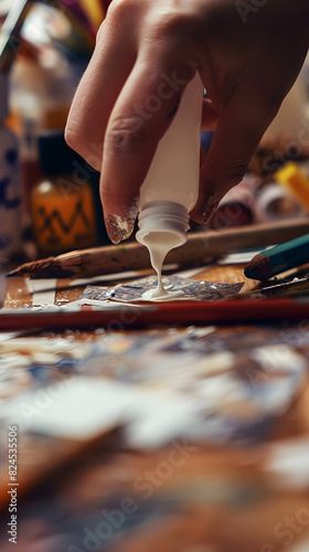Close-up of Hand Applying Adhesive Glue to Paper for Crafting on a Wooden Table with Craft Supplies