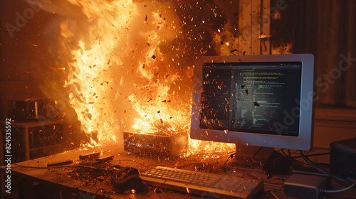 Fire scene unfolds as a personal computer, overwhelmed by intensive work