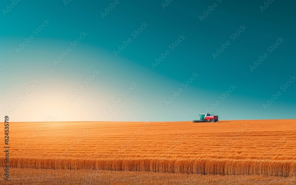 Fototapeta premium A harvester working in a wheat field under a clear blue sky during the golden hour, with a red and white color theme