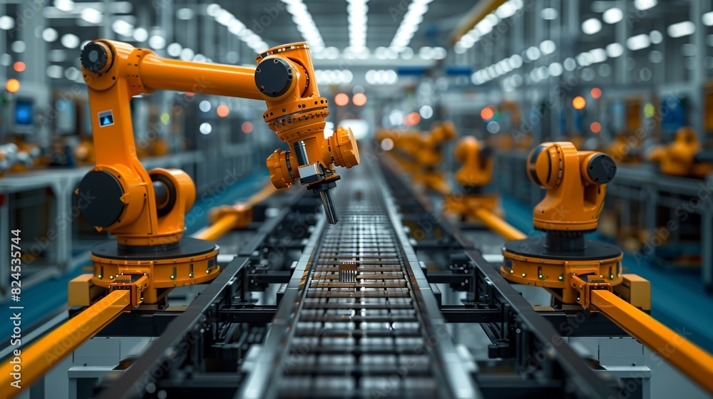 Industrial Innovation A high-tech assembly line with automated systems, representing the evolution of industrial processes through innovation. Realistic Photo, Industrial Innovation A high-tech assembly line with automated systems, representing the evolution of industrial processes through innovation. Realistic Photo,