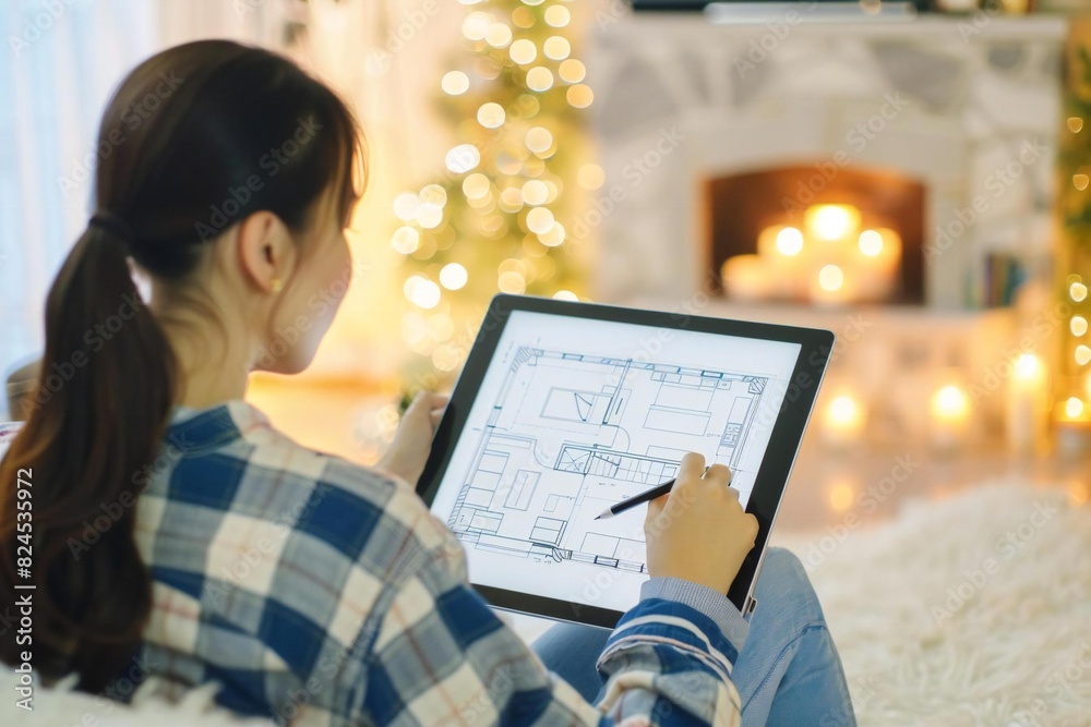 Waist Up Photo of Young Asian Architect Sketching Floor Plans Using Tablet in Cozy Candlelit Background