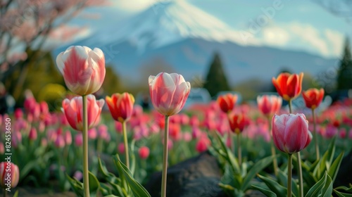 Mount Fuji and pink and red tulips in spring at the flower park