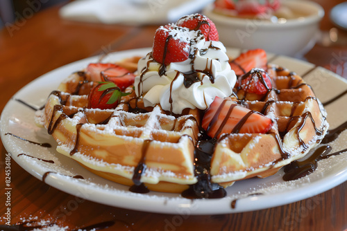 A Belgian waffle topped with powedered sugar, whipped cream, fresh strawberries and chocolate sauce photo