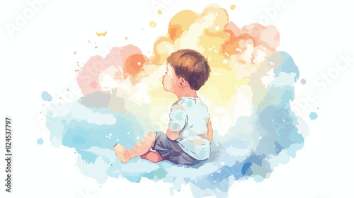 Watercolor illustration cute baby boy sitting on the