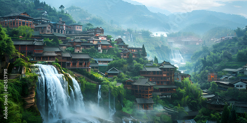 Rustic town nestled in the Heart of Verdant Mountains under Blue Sky with waterfall lush greenery Mountains valley nature background, wallpaper , 