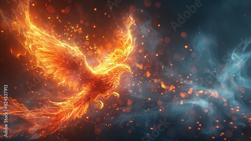 An abstract depiction of a phoenix rising with a growing chart, symbolizing rebirth and economic resurgence. stock image © Wiseman
