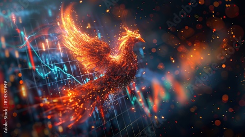 An abstract depiction of a phoenix rising with a growing chart, symbolizing rebirth and economic resurgence. image