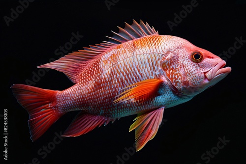 a red and blue fish with white spots photo