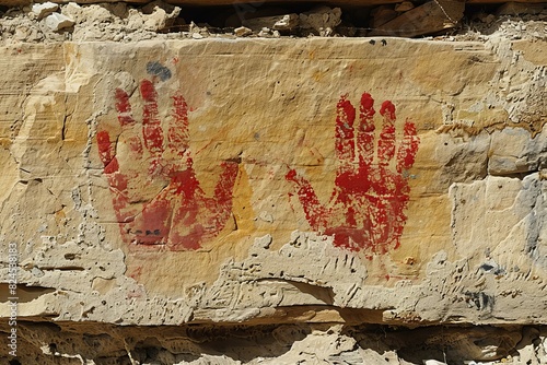 Depicting a rock painting of two red handprints on the cave wall, yellow sandstone