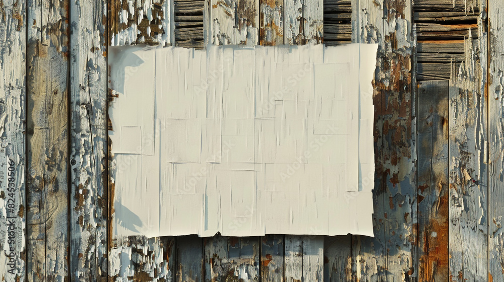 Blank glued paper template on a weathered wood wall, realistic 3D rendering of street art canvas. Blank glued paper template on a weathered wood wall, realistic 3D rendering of street art canvas.
