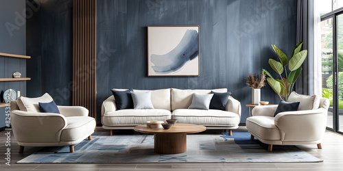 Vibrant beige sofa and chair near teal wall with poster frame. Scandinavian interior design of modern living room.