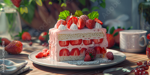  delicious slice of strawberry cake. The cake features layers of sponge, fresh strawberries, and pink strawberry cream, topped with whipped cream dollops and more strawberries,  photo