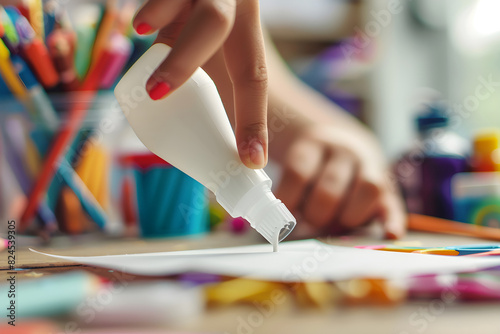 Close-up of Hand Applying Adhesive Glue to Paper for Crafting on a Wooden Table with Craft Supplies