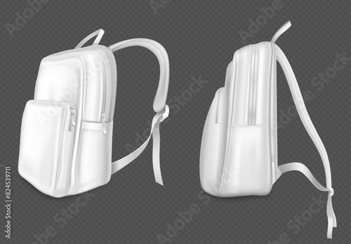 White backpack mockup with drawstring, pocket and zipper side view. Realistic 3d vector illustration set of school or travel back bag with straps. Blank leather teenager knapsack with handle.