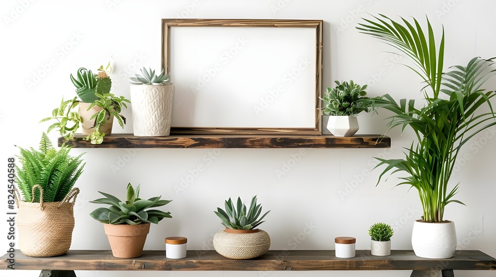 Beautiful plants in various hipster and design pots surround a brown bamboo shelf in this mock-up photo frame of a Scandinavian interior design. white walls. A fresh and blooming idea for shelves 