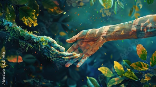The Human Hand Shakes The Hand Of Nature Illustration Earth Protection Day photo