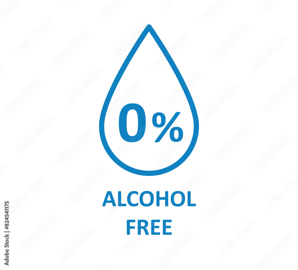 Alcohol free icon. Don't contain alcohol symbol. Zero percent tag. Drop symbol. Health cosmetic product. 0 percent icon. Design infographic element. Vector illustration isolated on white background.