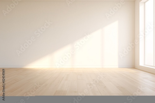 a room with a white wall and wood floor © Marius