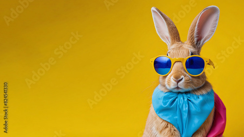 portrait of rabbit wearing blue sunglass on yellow background