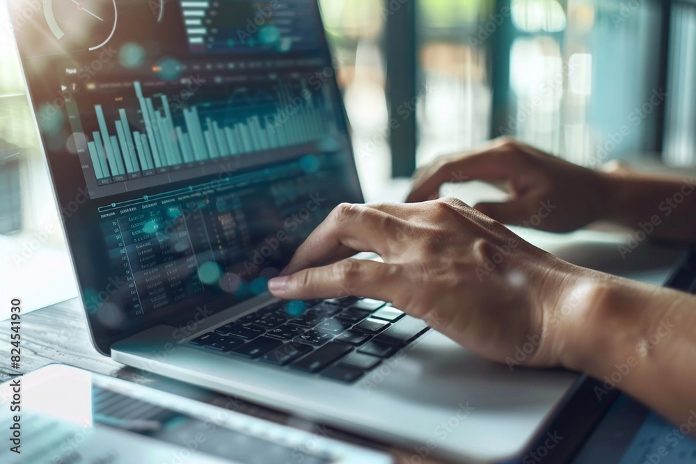 Close-up of a business analyst's hands typing on a laptop with data graphs displayed on the screen, captured in photorealistic detail Close-up of a business analyst's hands typing on a laptop with data graphs displayed on the screen, captured in photorealistic detail