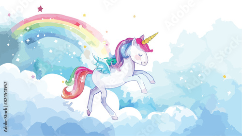 Watercolor Illustration Cute unicorn on the cloud Vector