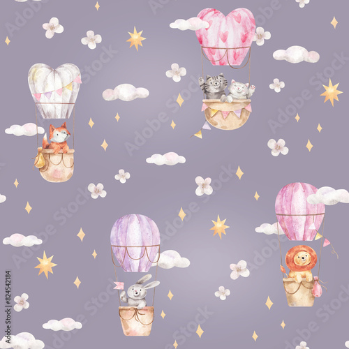 Pattern with cute animals fly in the sky in hot air balloon, clouds and flowers on purple background. Watercolor seamless texture with illustrations of fox, bunny, cats and lion sit in baskets. 
