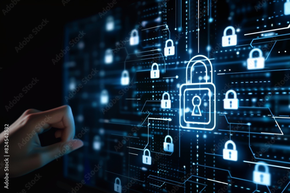 Advanced secure cloud network with digital lock, hand interaction, futuristic tech background, concept of data protection Advanced secure cloud network with digital lock, hand interaction, futuristic tech background, concept of data protection