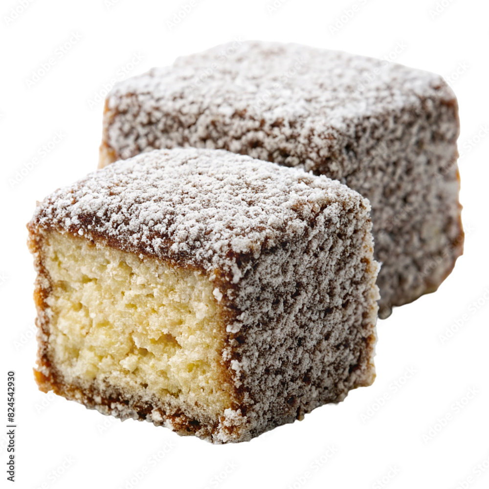 A piece of cake with powdered sugar on transparent background A piece of cake with powdered sugar on transparent background
