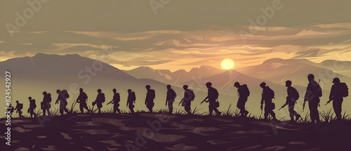 Silhouetted Soldiers at Sunset Amidst Mountainous Panoramic Landscape in Vintage Americana Sketch Like Design