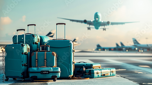 Blue suitcases and luggages in front of flying airplane on airstrip at international airport on blue sky background. Holiday travel and vacation concept. Family set baggages for journey trip.