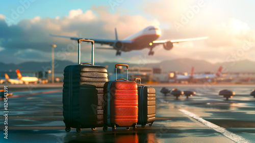 The suitcases and luggages in front of flying airplane on airstrip at international airport on sunrise sky and mountain background. Holiday travel and vacation concept. 3 Baggages for family trip.
