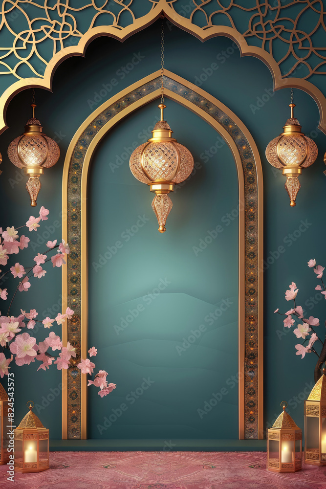 Vertical Ramadan Kareem background. Eid Mubarak, greeting background with mosque, lantern and islamic pattern. Vertical Ramadan Kareem background. Eid Mubarak, greeting background with mosque, lantern and islamic pattern.