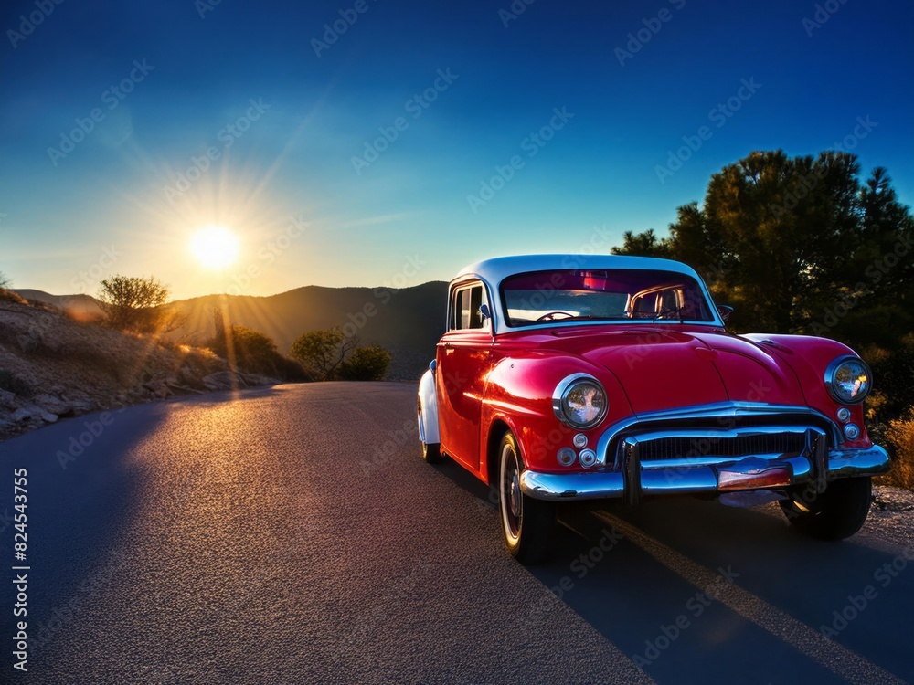 Generated image, old truck in the desert, Vintage car, desert road, warm sun